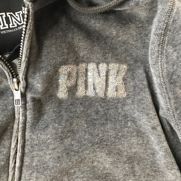 VS PINK | Gray Crushed Velvet Sequined Hoodie - Picture 4 of 8